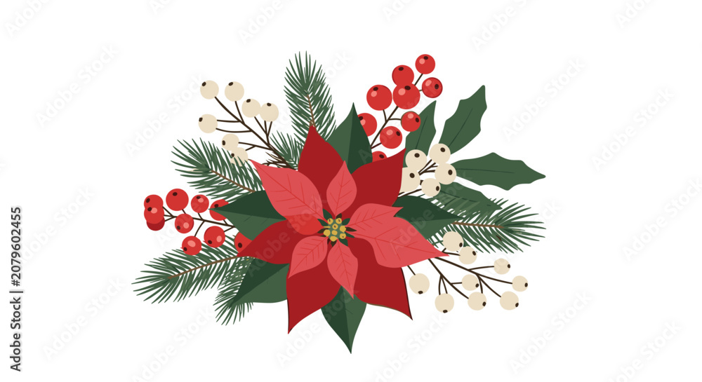 Fototapeta premium Festive Christmas bouquet featuring a vibrant red poinsettia flower, green holly leaves, pine branches, and red and white berries.