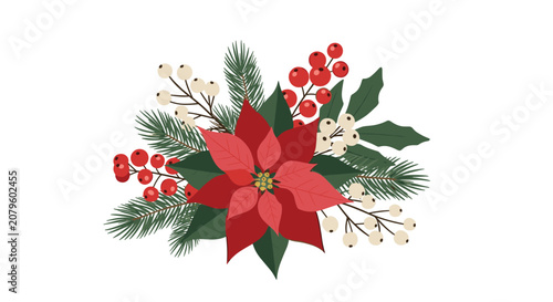 Festive Christmas bouquet featuring a vibrant red poinsettia flower, green holly leaves, pine branches, and red and white berries.