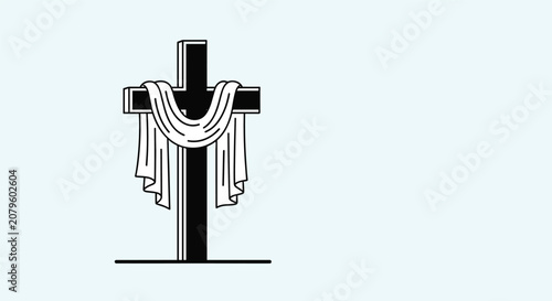 Symbolic black cross with a white cloth draped over it represents the religious themes of Easter and the resurrection of Christ.