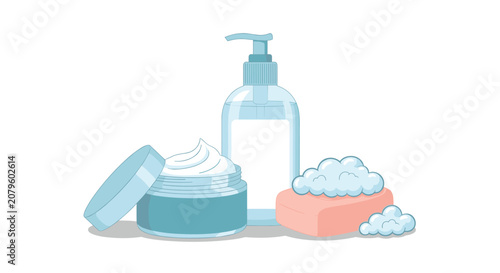 Comprehensive set of skin care products including a pump bottle of lotion, a jar of cream, and a bar of soap with bubbles.