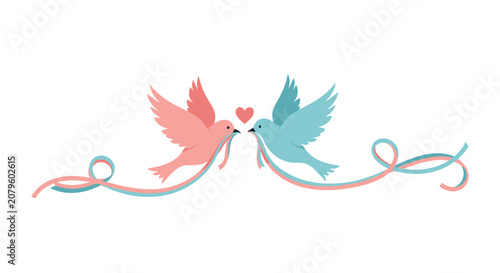 Two cute birds, one pink and one blue, fly towards each other with a heart in between, symbolizing love and togetherness.