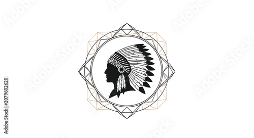 Native American chief profile with a traditional feather headdress is set within an intricate geometric frame design.