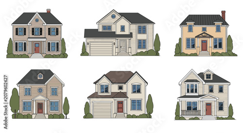 Set of six diverse modern residential house illustrations with different architectural styles, garages, and landscaped gardens.