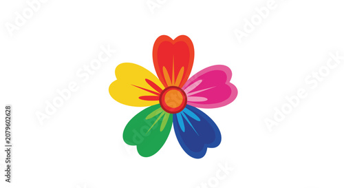 Vibrant rainbow-colored flower with five heart-shaped petals is a cheerful and symbolic illustration of pride and diversity.