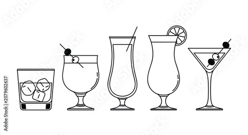 Set of five different cocktail and liquor glass outlines including martini, hurricane, and rocks glasses for bar-themed designs.