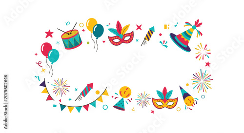 Colorful festive border features carnival elements like masks, fireworks, drums, balloons, and party hats for celebration designs.