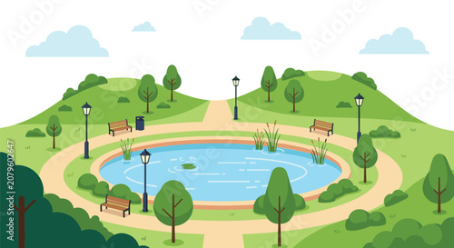 Serene public park landscape features a round pond, benches, green hills, street lamps, and scattered trees under a cloudy sky.