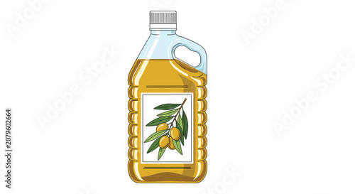 Large plastic bottle of olive oil with a detailed label featuring an olive branch and ripe olives is shown on a white background.