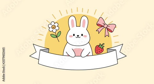 Cute white bunny character is surrounded by a flower, a bow, and a strawberry, framed by a blank ribbon and a sunny glow.