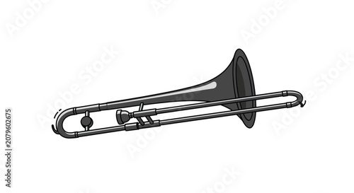 Detailed grey and black musical instrument trombone illustration with highlights isolated on a white background.
