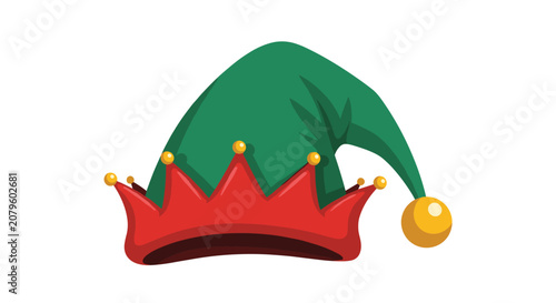 Festive green and red Christmas elf hat with golden jingle bells and a white pompom isolated on white background.