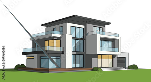 Modern three-story luxury villa with flat roof design, glass balconies, and large windows on a green lawn background.