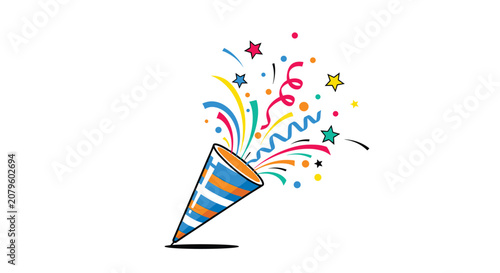 Colorful party popper with blue stripes exploding with confetti and stars on a clean white background for celebration events.