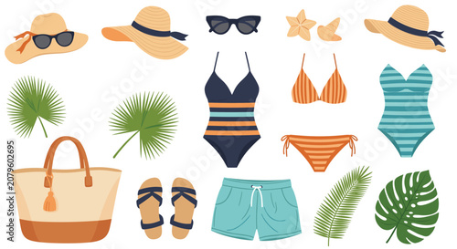 Variety of summer beach essentials including swimsuits, sunglasses, hats, and sandals are arranged for a tropical vacation theme.
