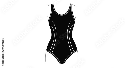 Black female one piece swimsuit template with white contour lines for swimwear fashion design and retail catalogs.