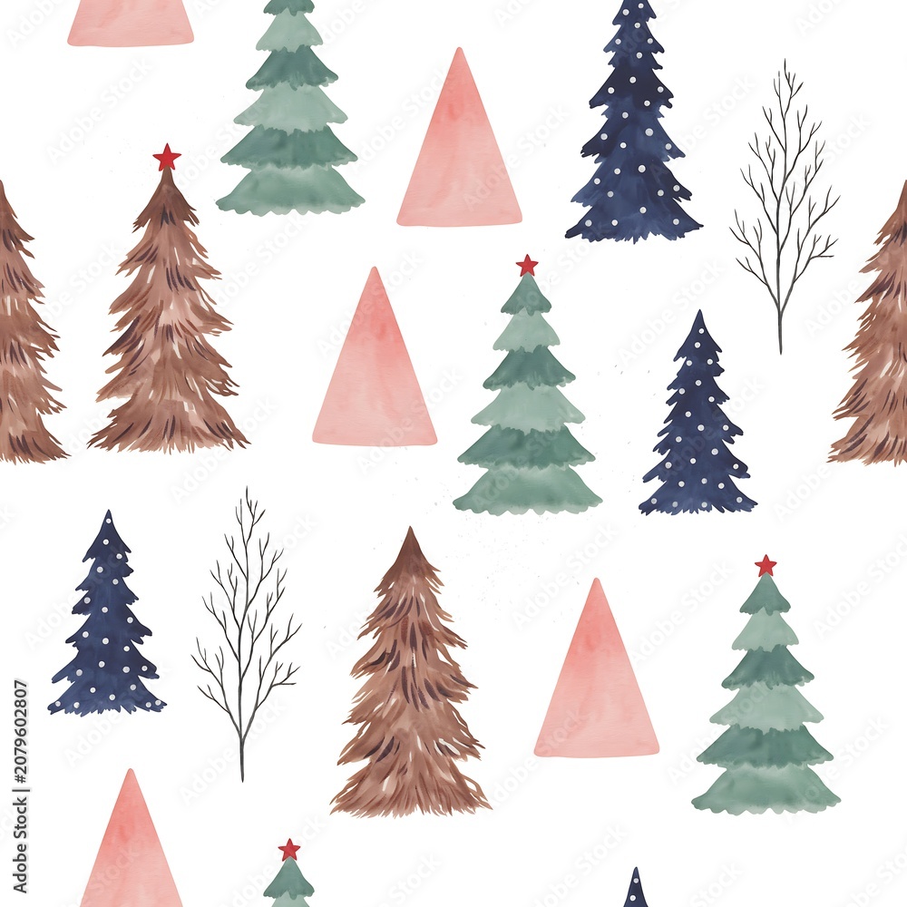 Obraz premium Seamless pattern with watercolor christmas trees and bare winter trees on a white background for festive holiday textiles