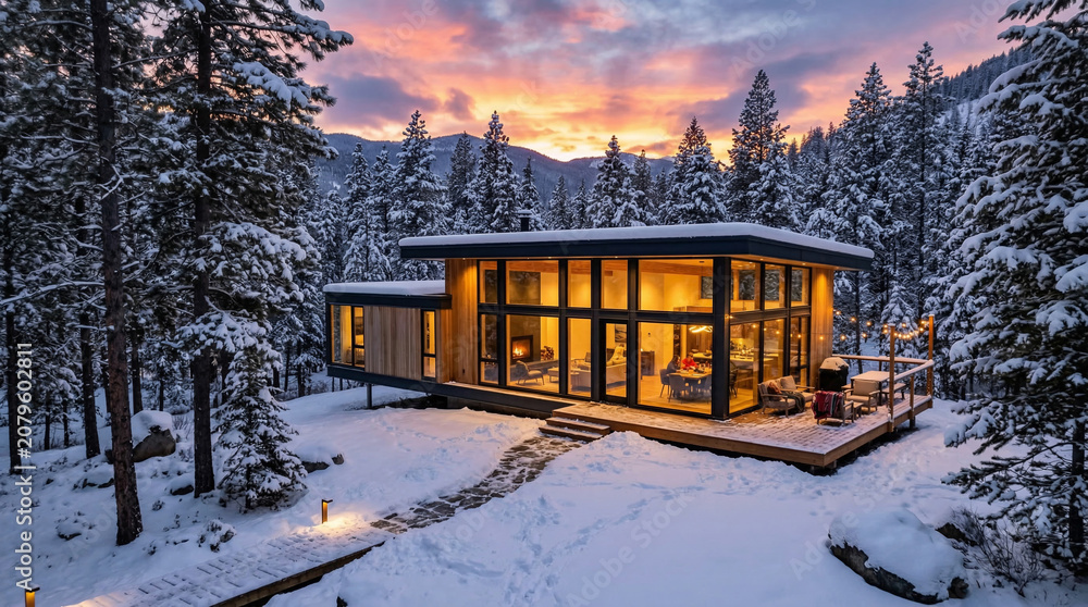 Obraz premium Modern Cabin in Snowy Forest: A sleek, modern cabin with large glass windows is nestled amidst snow-covered trees, bathed in the warm light of a vibrant sunset sky, creating a serene winter escape.