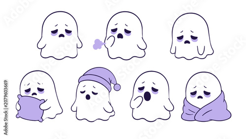Foto Set of sleepy ghost cartoon characters in different poses