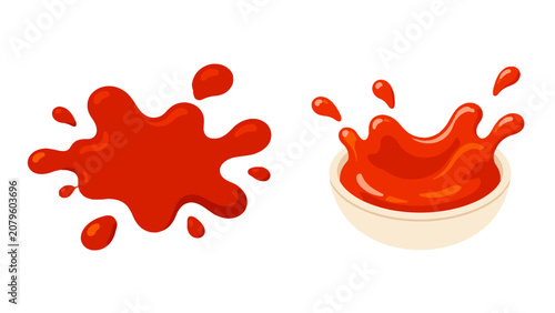 Cuadro en lienzo Red sauce splashes and bowl of ketchup in cartoon vector style