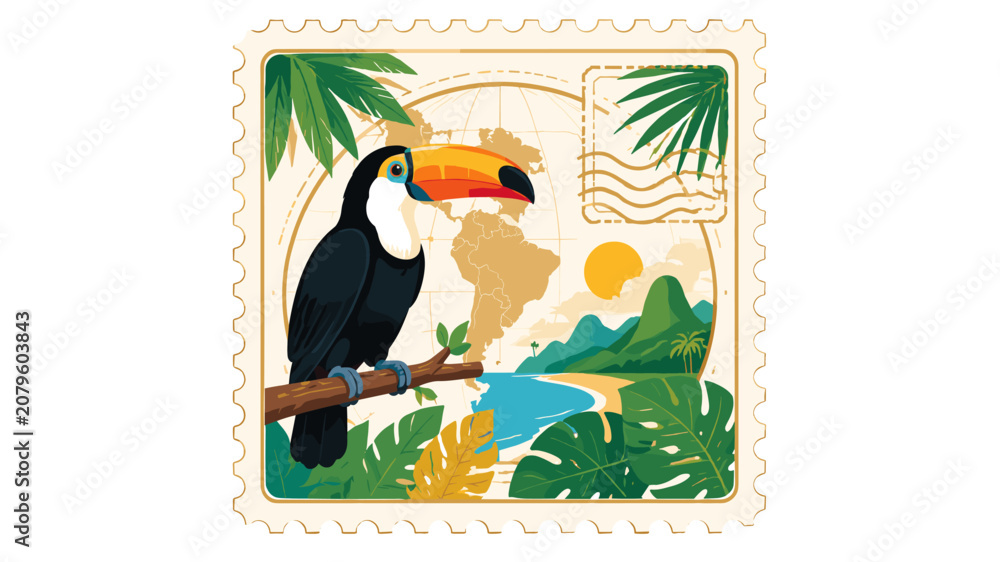 Fototapeta premium Tropical toucan postage stamp with beach and map illustration