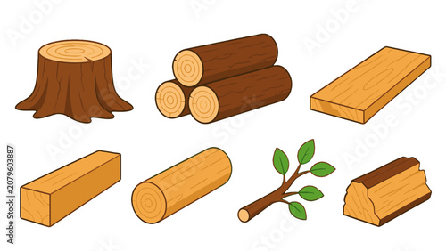 Konstfotografi Set of tree stump, logs, plank, beam, branch and split wood