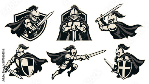 Tableau sur toile Set of medieval knight mascot vectors with swords and shields