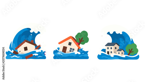Billede på lærred Flat vector set of tsunami waves flooding houses