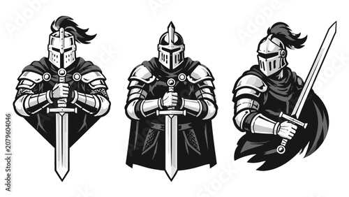 Photos Three armored knight mascot illustrations with swords