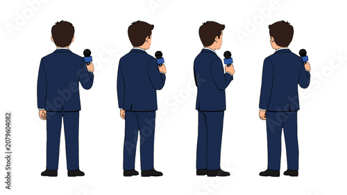 Foto Male reporter character holding microphone shown from back views