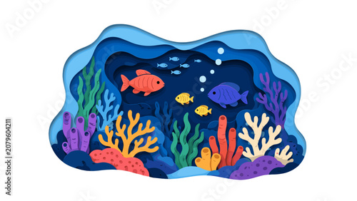 Foto Papercut underwater scene with fish coral and seaweed layers