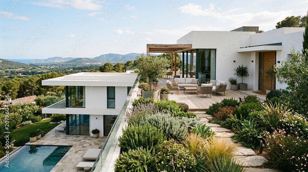 Fototapeta premium Modern Luxury Villa with Infinity Pool: An architectural marvel, this contemporary villa boasts clean lines, expansive glass walls.