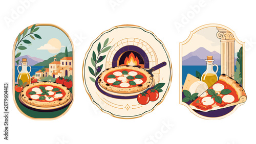 Set of pizza themed vintage labels with Mediterranean scenery