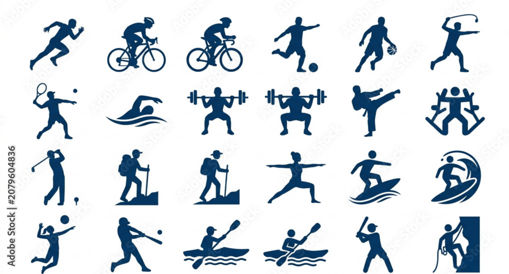Fototapeta premium Dark blue athlete and sports activity silhouette icon set