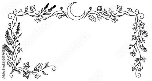 Elegant floral border frame with crescent moon for stationery design.