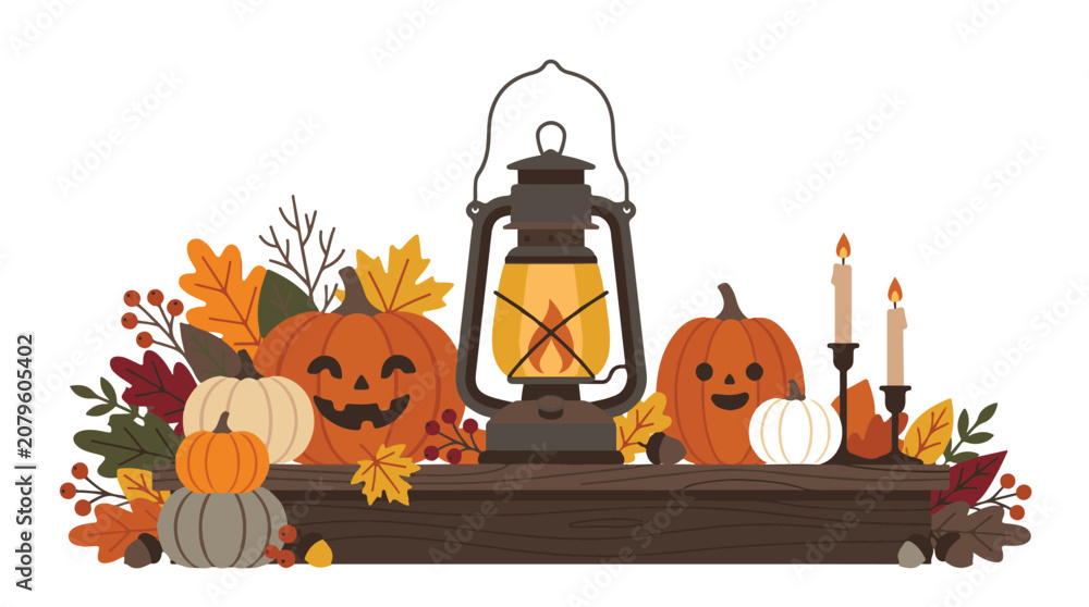 Fototapeta premium Halloween decoration with pumpkins, fall leaves, candles, and lantern on wooden ledge festive autumn display.