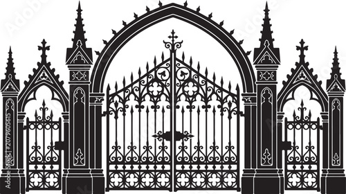 Fotografía Detailed gothic archway and cathedral style gates silhouette with decorative pointed spires and ornamental metal work vector