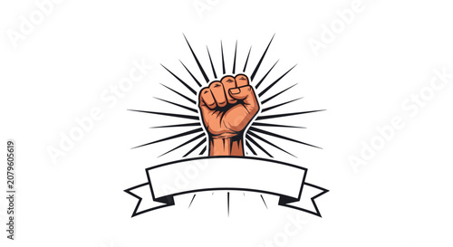Clenched fist hand power raised up with detailed black sunburst rays and clean white text banner representing liberty and protest.