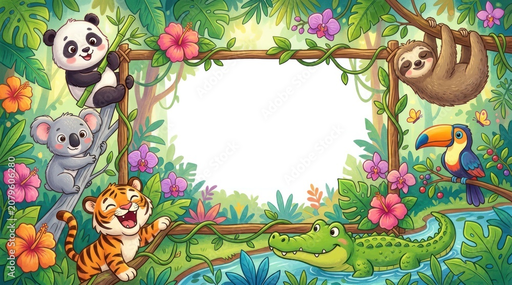 Fototapeta premium Cute Jungle Animals Frame with Tropical Plants and Flowers.
