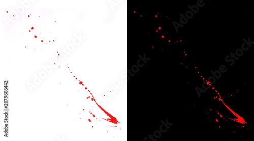 Принти на полотні Red blood splatter on white and black backgrounds, realistic liquid spray and dr