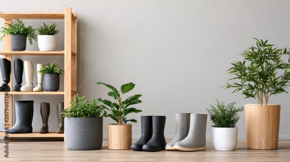 Fototapeta premium Clean rehab center interior with cubbies, prosthetics, plants. Medical design for recovery, assistive tech, wellness