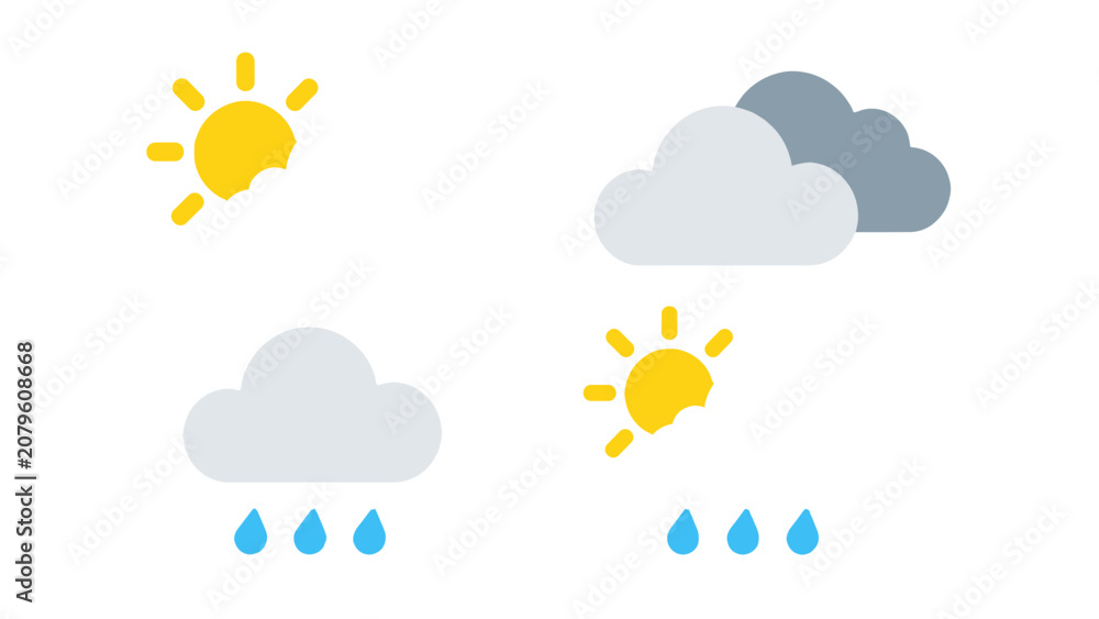 Obraz premium Set of simple weather forecast icons with sun, clouds and rain