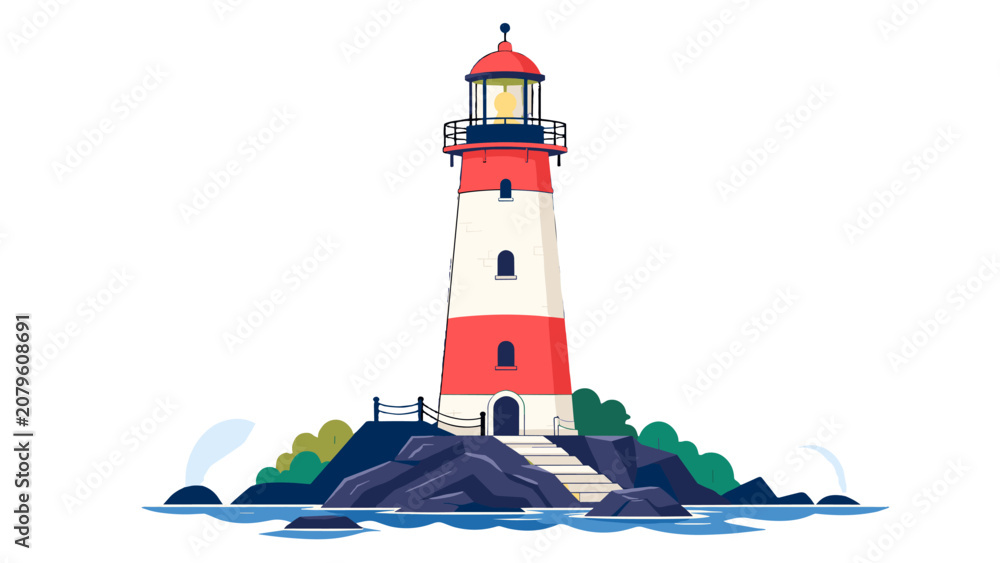 Fototapeta premium Red and white lighthouse on rocky island vector illustration