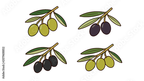 Cuadro en lienzo Set of olive branch sketch icons with green and black olives