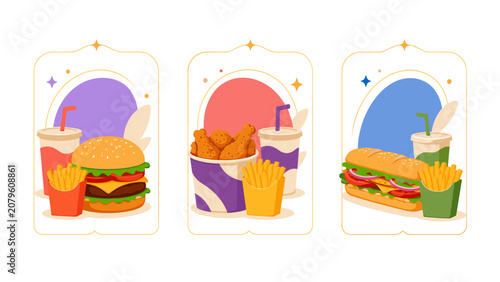 Tableau sur toile Vector fast food meal price cards with burger chicken and sub