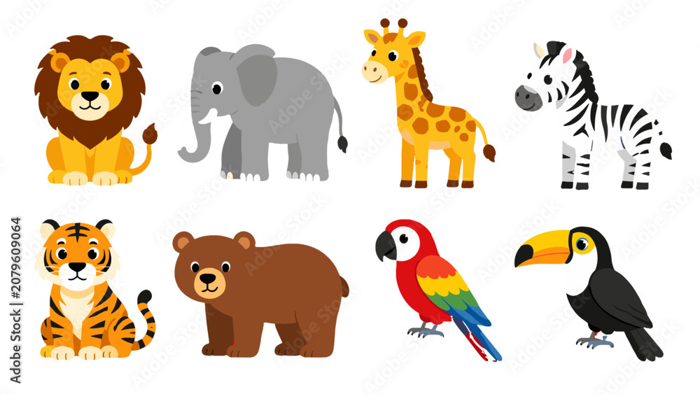 Fototapeta premium Cute cartoon wild animals and tropical birds icon set
