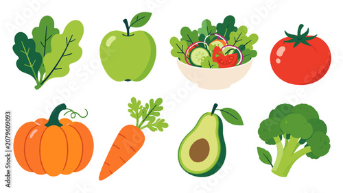 Flat vector set of fresh fruits and vegetables icons