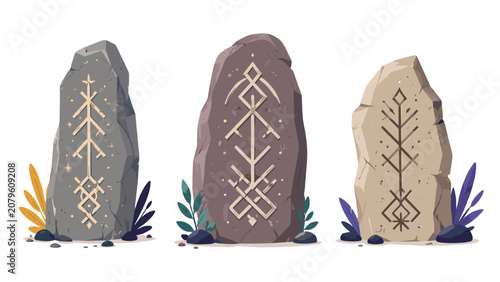 Quadro su tela Illustrated standing stones with carved runic symbols