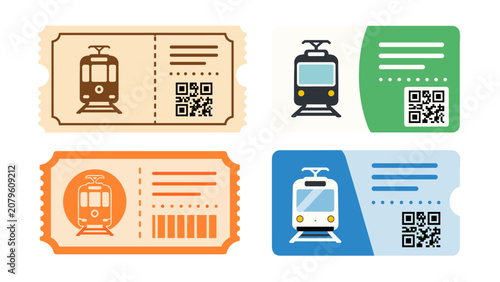 Canvastavla Vintage and modern tram tickets with QR code isolated set