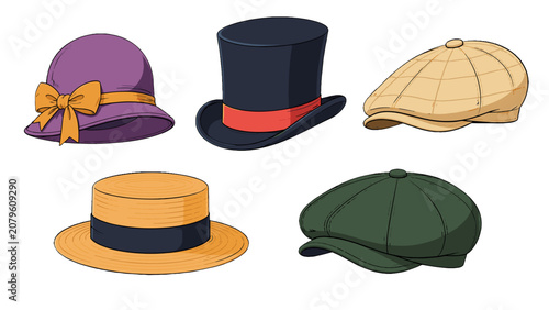 Quadro su tela Vintage headwear set with retro hats and caps illustration
