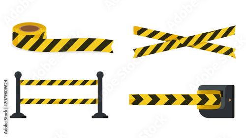 Cuadro en lienzo Yellow and black caution tape and barrier set vector illustration